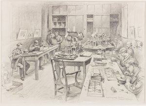 Pracownia grawerowania drewna, biuro „Grafika”, z krzesłem Thomasa Bewick